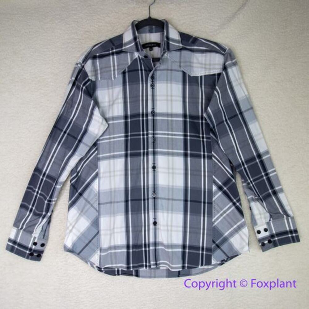 Bogosse gray and white plaid long sleeve‎ shirt, size 4 (L)